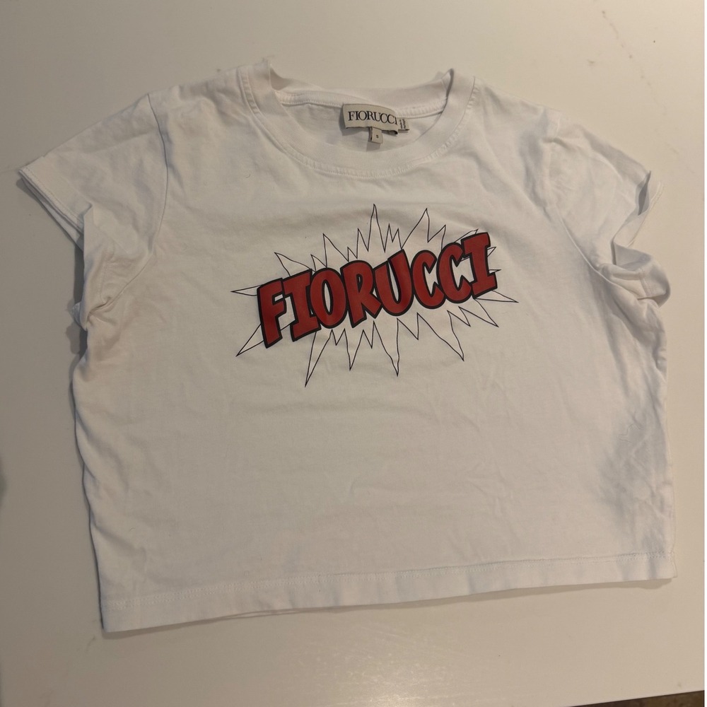 Fiorucci White Organic Cotton Comic Logo Graphic Baby Tee Crop Top vintage y2K s